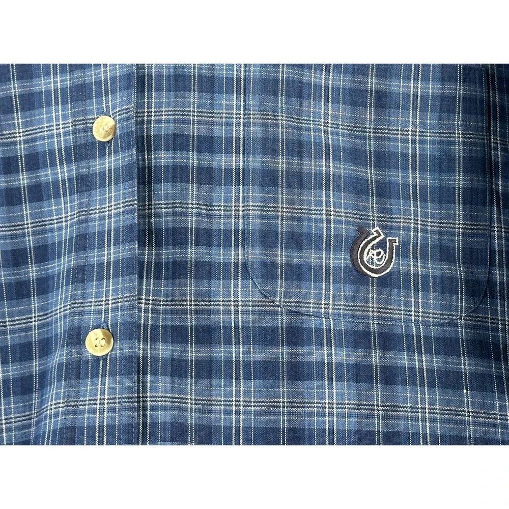 Roper Shirt Mens SMALL Blue Plaid Western Button‎ Long Sleeve Horseshoe Logo